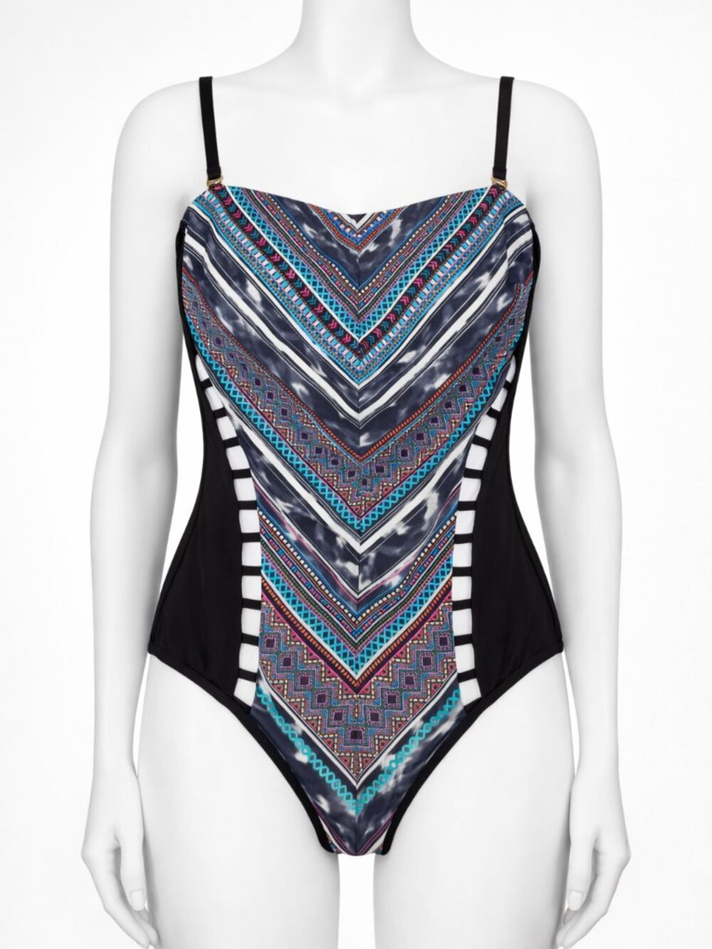 Kenneth Cole Black Cutout One-Piece Swimsuit Teal White Chevron Tribal Print L